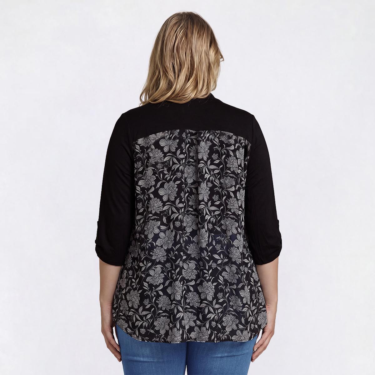 Plus Size Cure Roll Tab Sleeve Floral Chiffon Back Cardigan