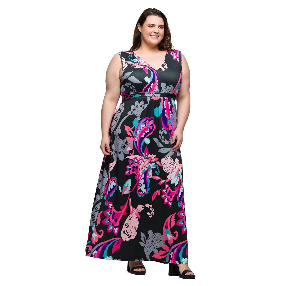 Plus Size 24/7 Comfort Apparel Black/Pink Empire Waist Maxi Dress