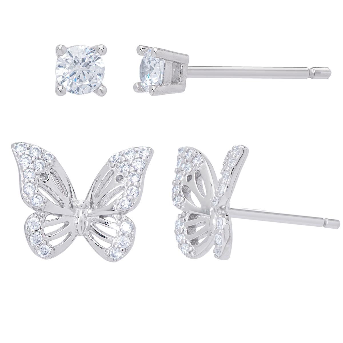 Sterling Silver Cubic Zirconia Butterfly Stud Earrings Set