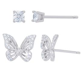 Sterling Silver Cubic Zirconia Butterfly Stud Earrings Set