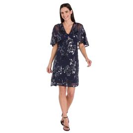 Petite R&M Richards Flutter Sleeve V Neck Beaded Floral Dress