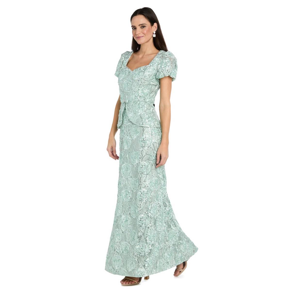 Womens R&M Richards Short Puff Sleeve Floral Sequin Gown