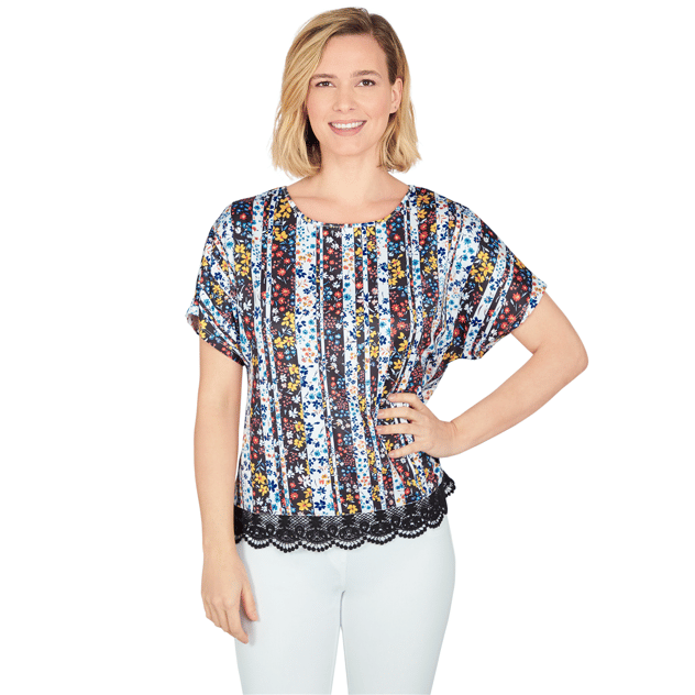 Womens Larky Lark Short Sleeve Lace Hem Joyful Stripe Blouse