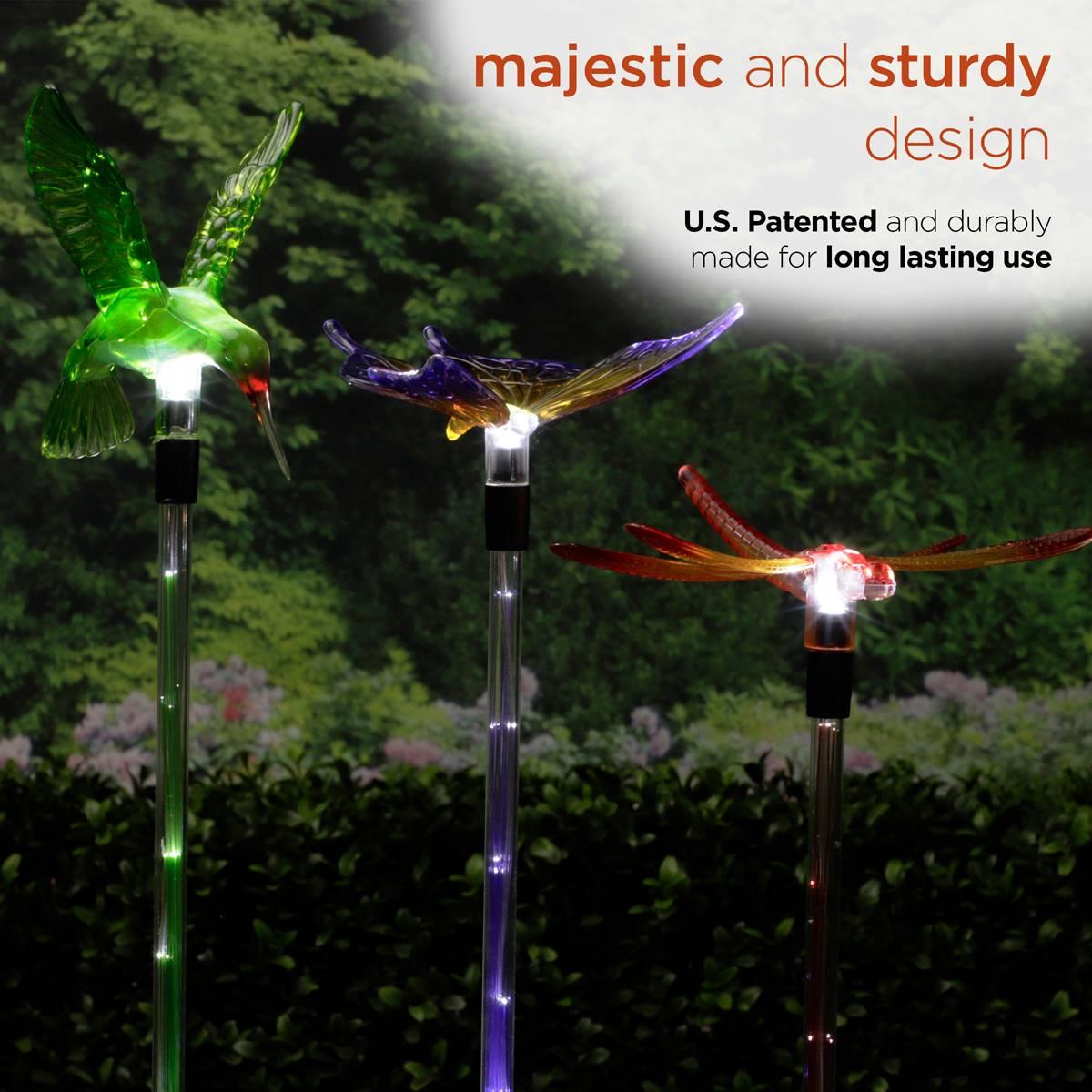 Alpine Solar Insects/Bird LED Garden Stake - Set of 3