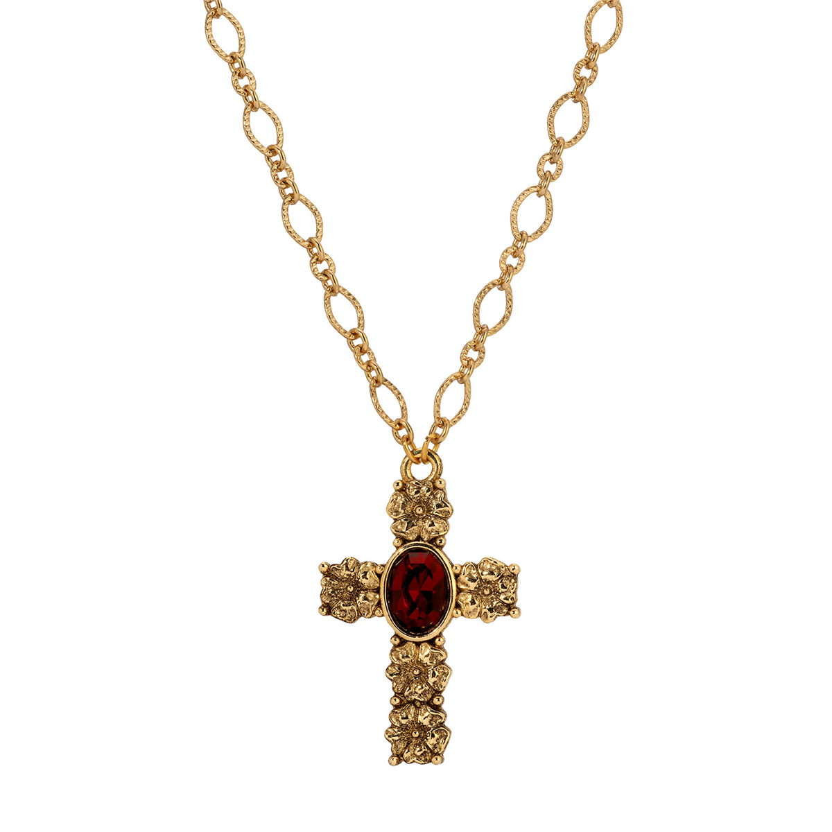 Symbols of Faith Gold Tone Flower Cross Garnet Oval Necklace
