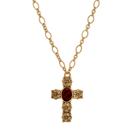Symbols of Faith Gold Tone Flower Cross Garnet Oval Necklace