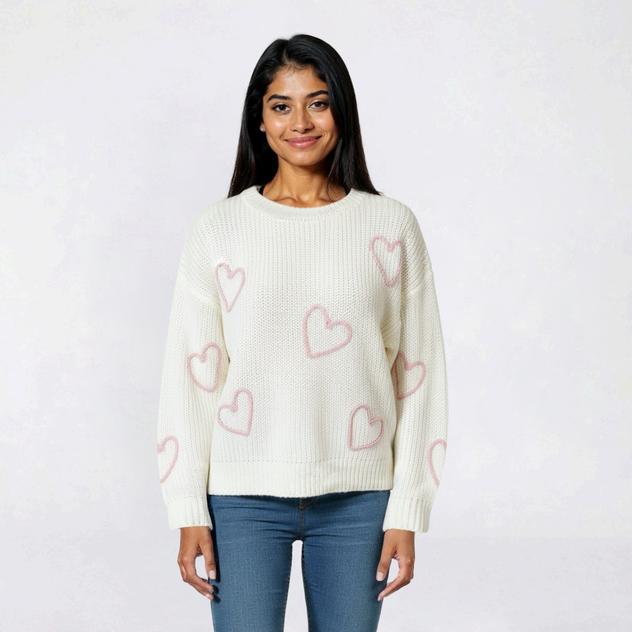 Juniors No Comment Embroidered Hearts Crew Neck Sweater
