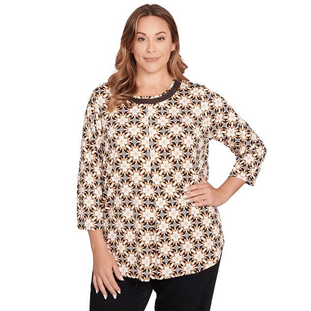 Plus Size Ruby Rd. New Neutrals 3/4 Sleeve Geometric Blouse