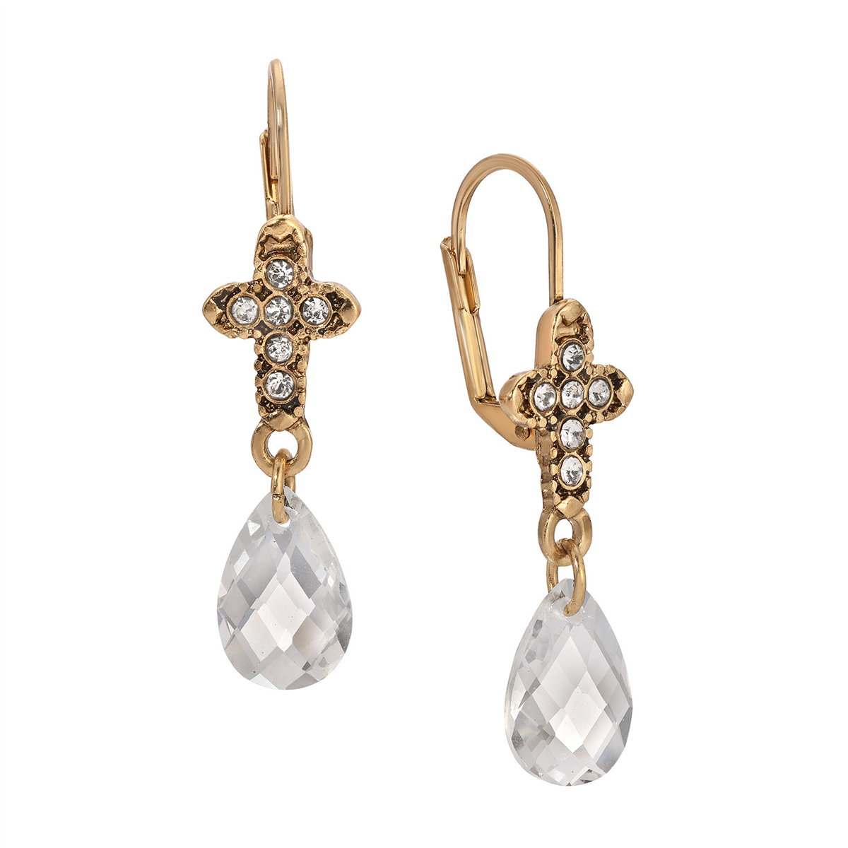 Symbols of Faith Gold Tone Crystal Cross Glass Drop Earrings