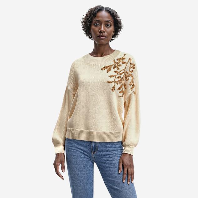 Womens Nicole Miller Long Sleeve Gold Leaf Embroidered Sweater