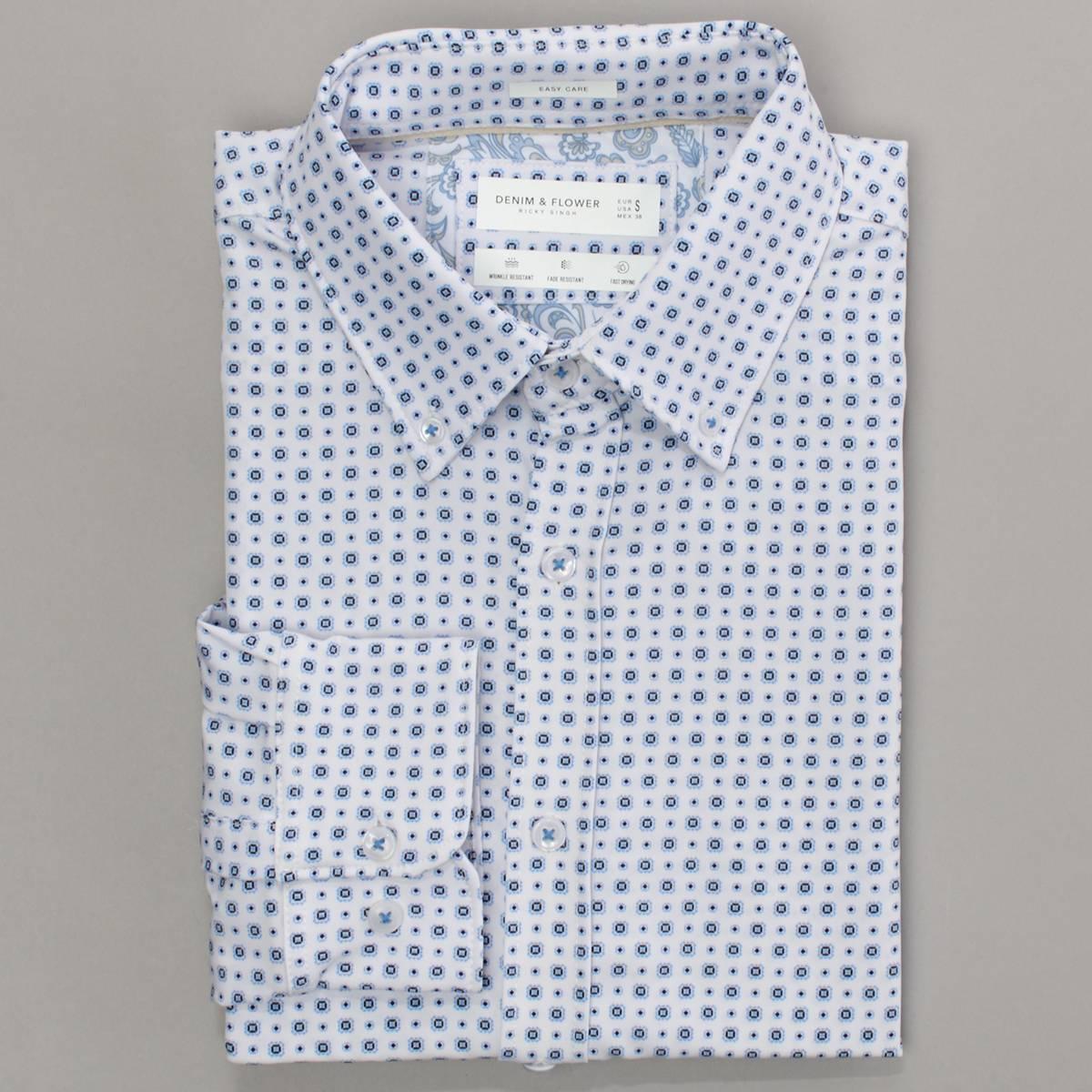 Mens Denim & Flower Geometric Dress Shirt - White/Blue