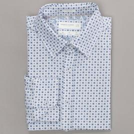 Mens Denim & Flower Geometric Dress Shirt - White/Blue