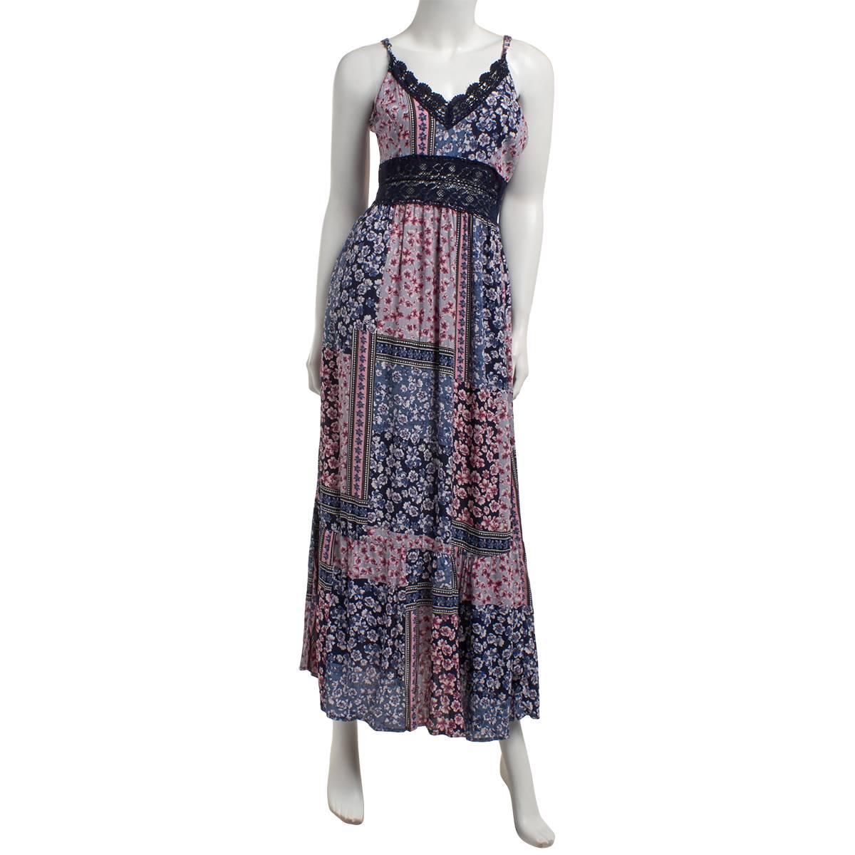 Juniors Angie Patchwork Crochet Lace Trim Maxi Slip Dress