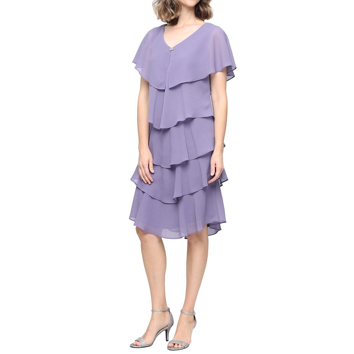 Womens SLNY Capelet Jewel Clasp Tiered Chiffon Dress