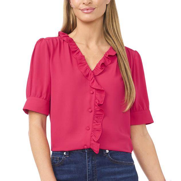 Womens Cece Short Puff Sleeve Ruffle Button Front Blouse
