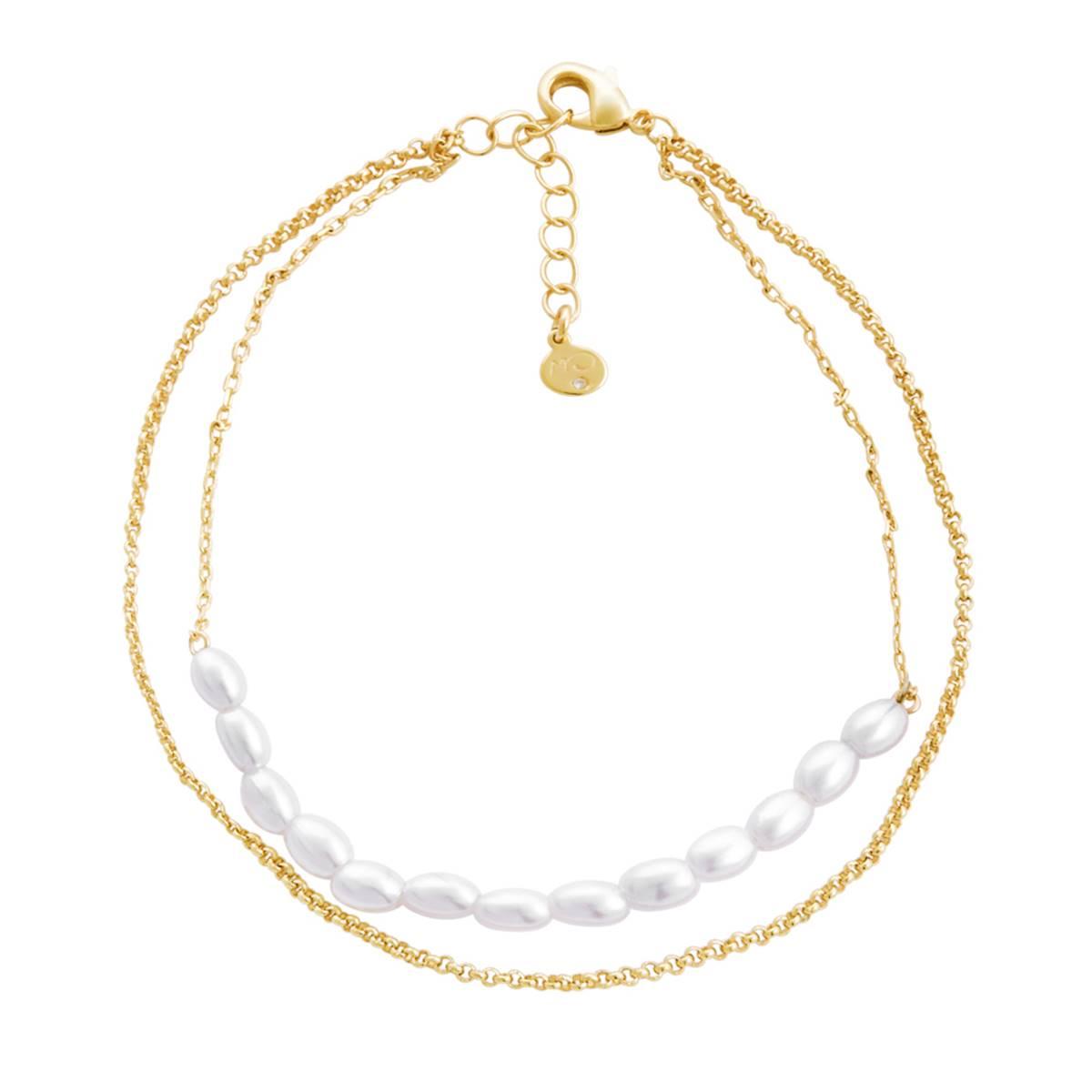 Barefootsies Gold Over Brass Simulated Pearl 2-Strand Anklet