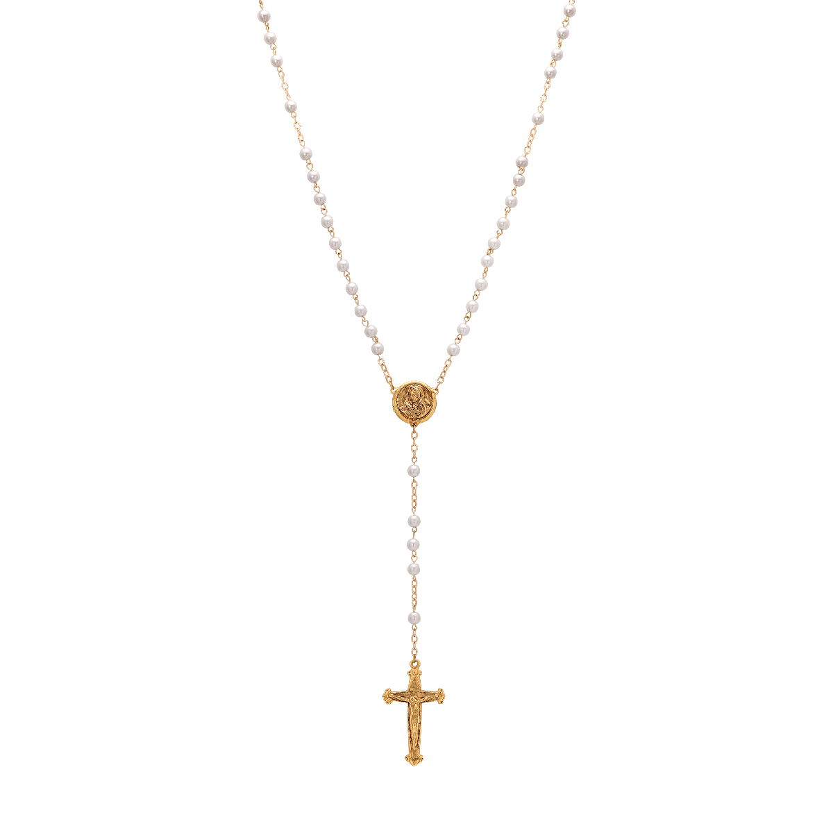 Symbols of Faith Gold Tone White Bead Virgin Mary Locket Rosary