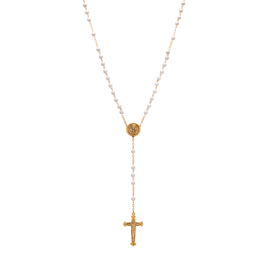Symbols of Faith Gold Tone White Bead Virgin Mary Locket Rosary