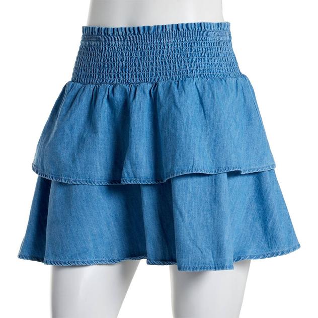 Juniors No Comment Tiered Smocked Waist Denim Skirt