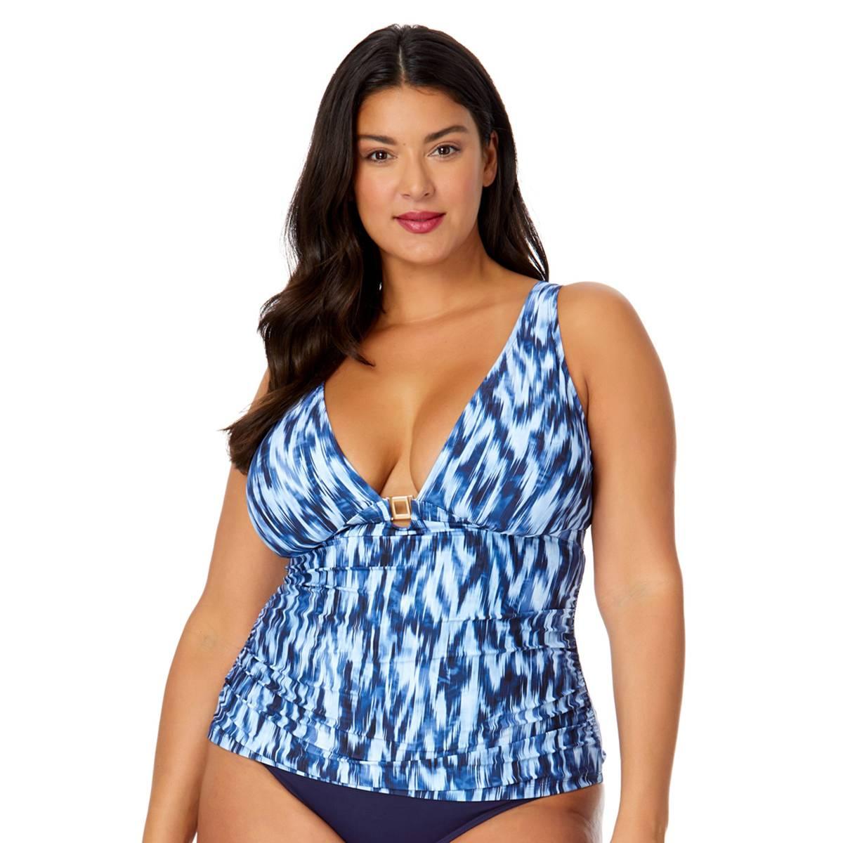 Plus Size Anne Cole Tye Dye Ikat Ring Plunge Tri Tankini