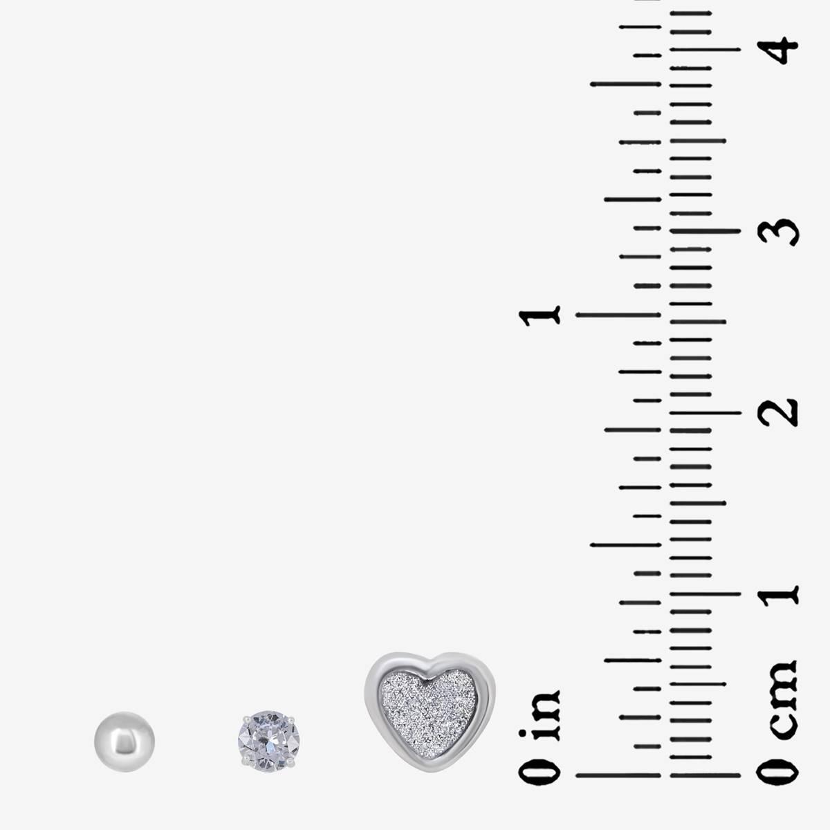 Forever New Sterling Silver Heart, CZ, & Ball Stud Earrings Set