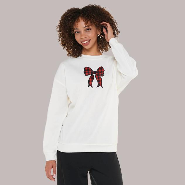 Juniors No Comment Fleece Boyfriend Plaid Bow Sweatshirt w/ Socks