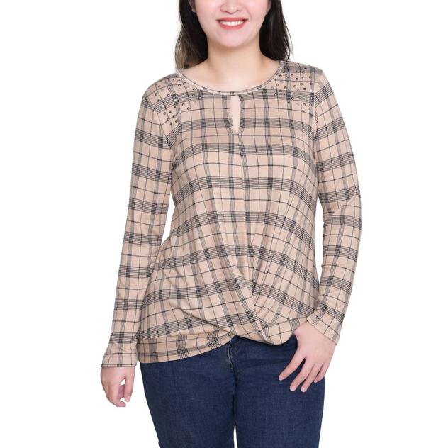 Womens NY Collection Twist Front Plaid Keyhole Neck Blouse
