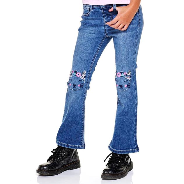 Girls (4-6x) Squeeze Cat Embroidered Knee Flare Jeans