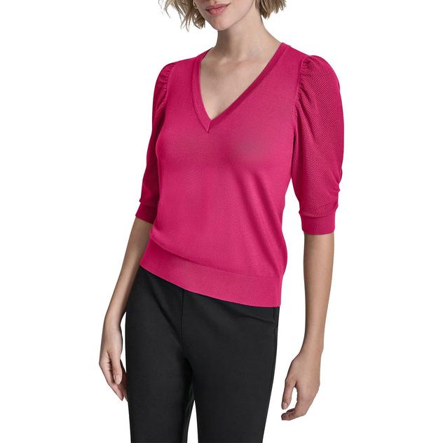 Womens DKNY Sport Short Puff Twist Sleeve V-Neck Sweater