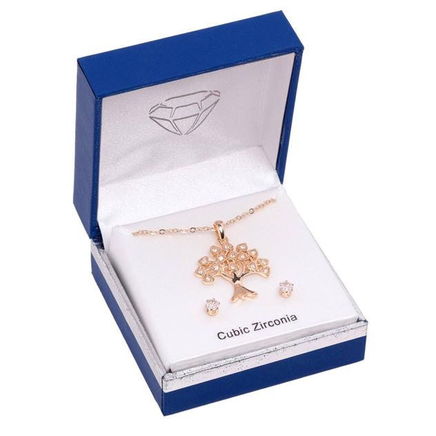 Gold-Tone CZ Tree of Life Pendant & Round Earrings Set