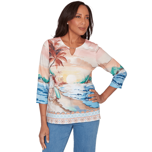 Womens Alfred Dunner Beachcomber Sunset Beach Keyhole Blouse