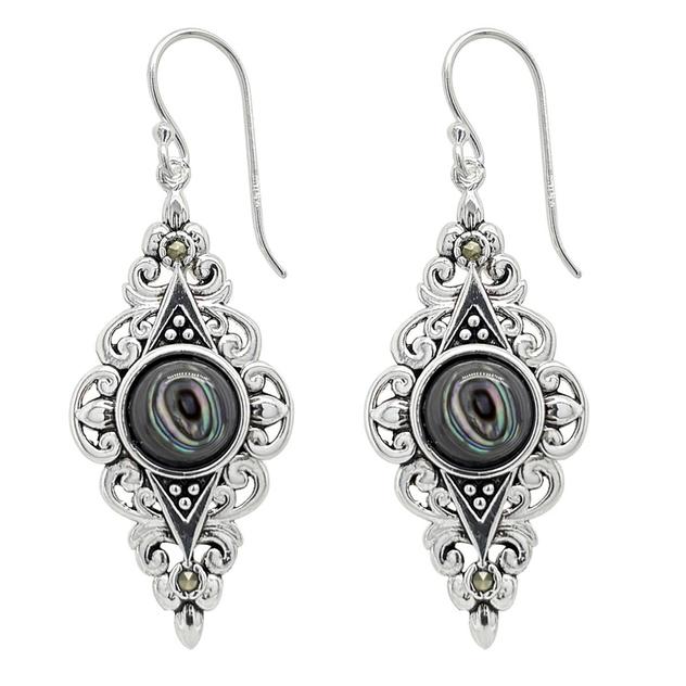 Marsala Fine Silver Plated Marcasite & Abalone Earrings