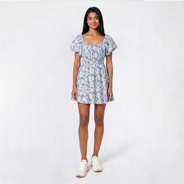 Juniors No Comment Puff Sleeve Skater Dress - Blissful Rose