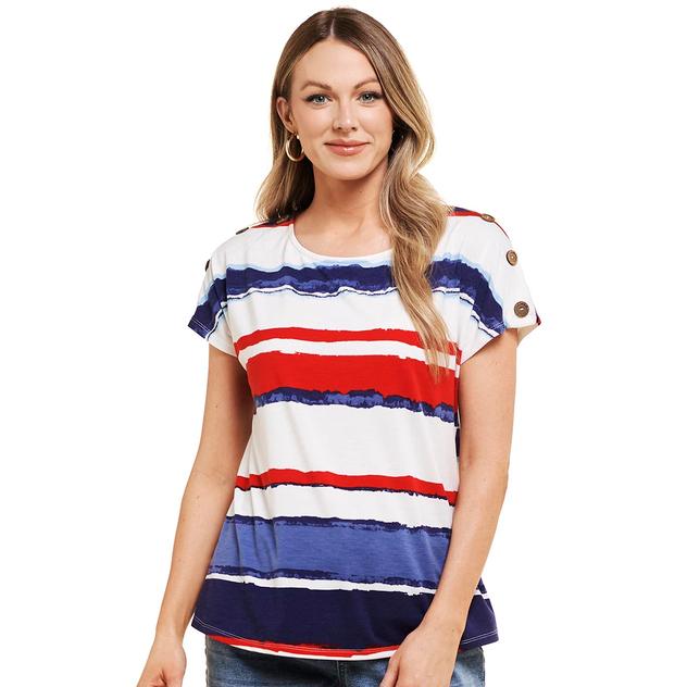 Womens Tru Self Short Sleeve Button Shoulder Stripe Tee