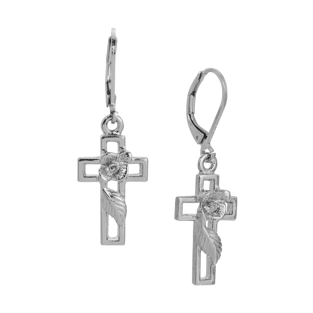 Symbols of Faith Silver Tone Cross Leverback Earrings
