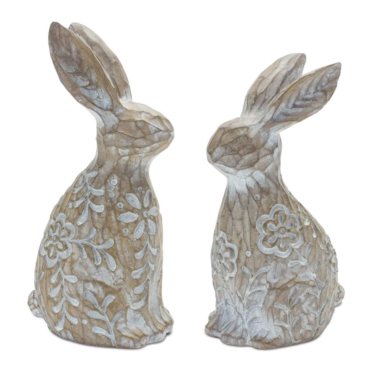 Melrose Floral Carved Rabbit Figurine - Set of 2