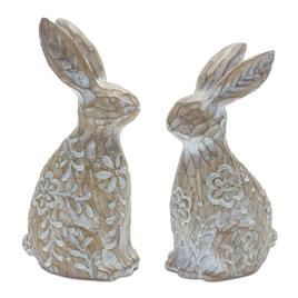 Melrose Floral Carved Rabbit Figurine - Set of 2