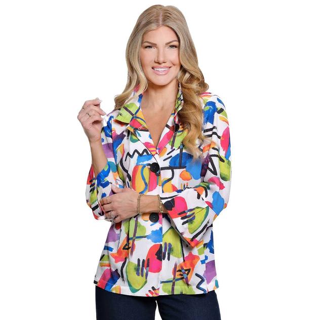 Plus Size Ali Miles 3/4 Flounce Sleeve Mixed Abstract Blouse