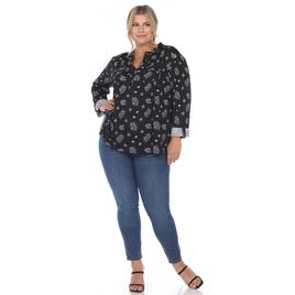 Plus Size White Mark Pleated Long Sleeve Leaf  Blouse