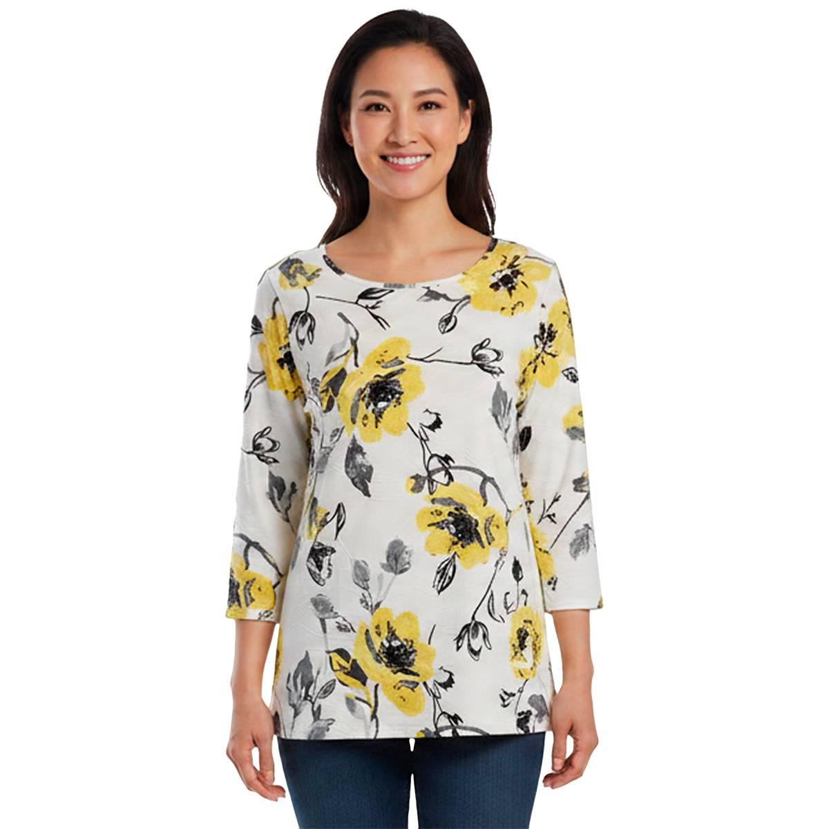 Womens Emily Daniels 3/4 Sleeve Floral Poppy Round Neck Blouse