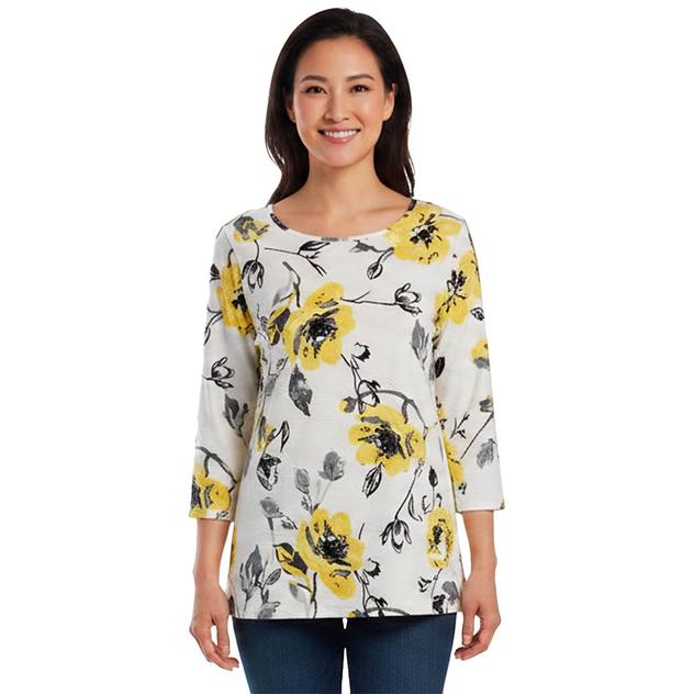 Plus Size Emily Daniels 3/4 Sleeve Floral Poppy Round Neck Blouse