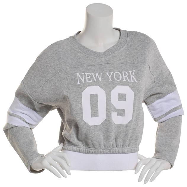 Juniors Derek Hear Stripe Sleeve New York Cropped Sweatshirt