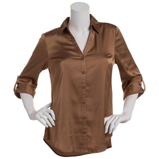 Juniors A. Byer Tie Front Roll Tab Sleeve Satin Portofino Blouse