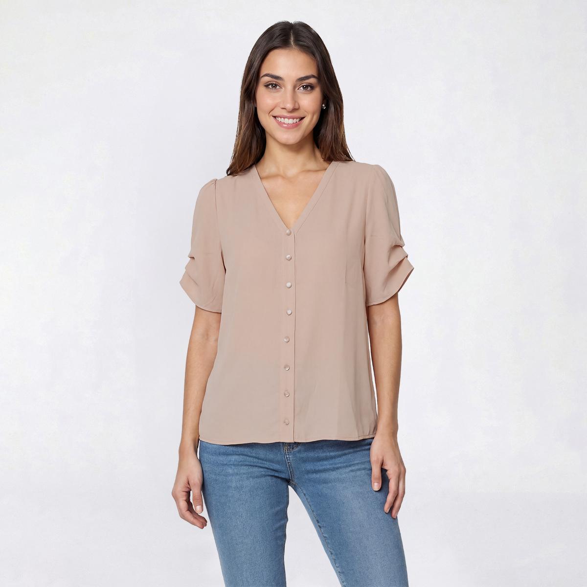 Womens Adrianna Papell Short Pinched Sleeve Faux Button Blouse