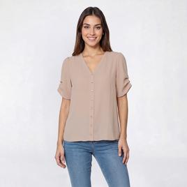 Womens Adrianna Papell Short Pinched Sleeve Faux Button Blouse