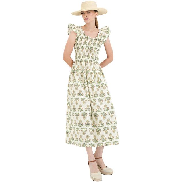 Womens MNK Ruffle Sleeve Smock Waist Fit & Flare Dress
