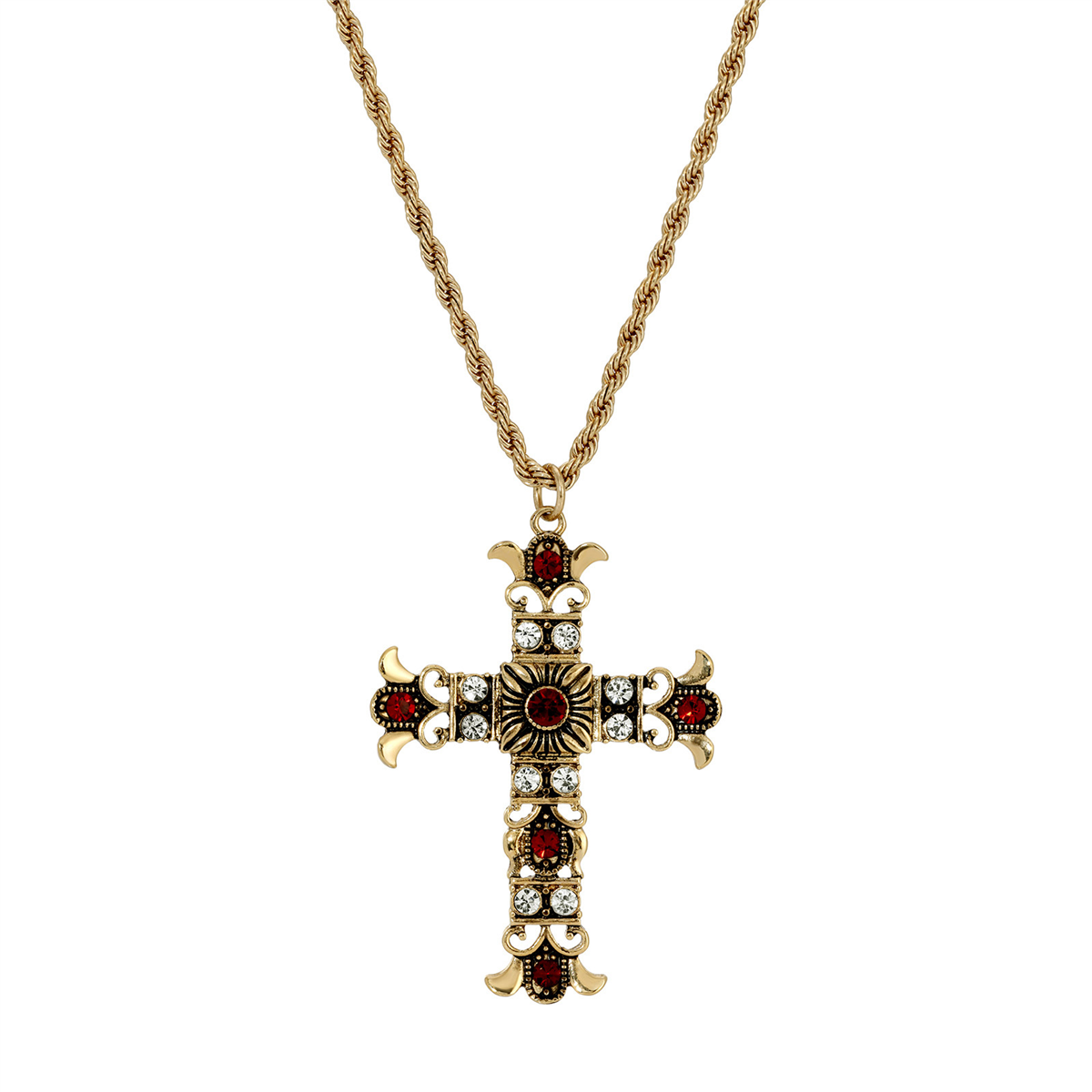Symbols of Faith Gold Tone Cross Clear Crystal & Bead Necklace