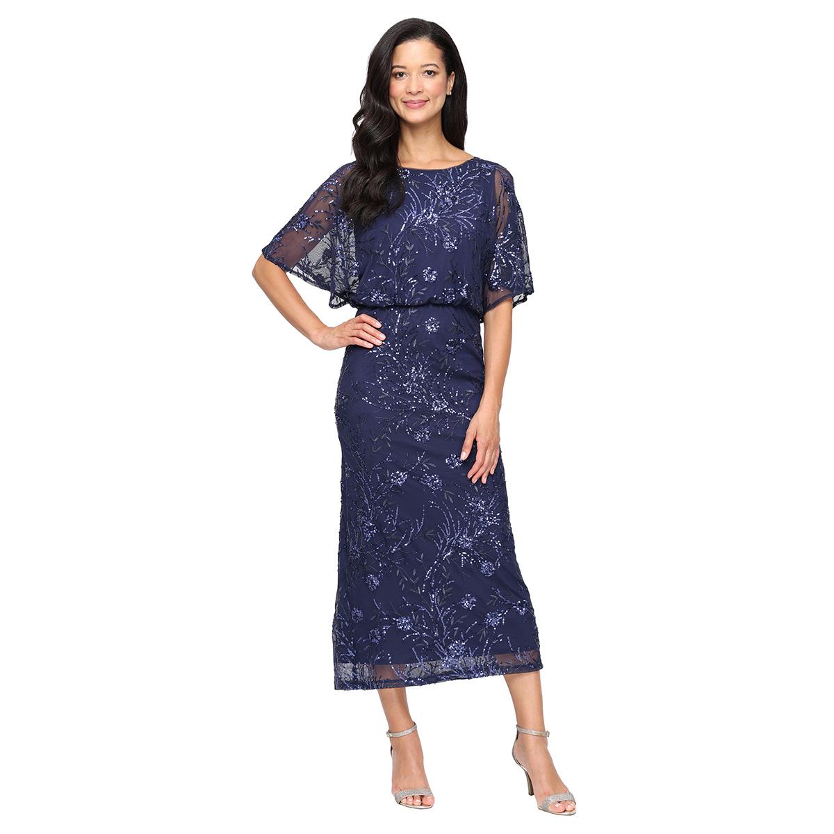Womens SLNY Blouson Sequin Mesh Tea Length Midi Dress