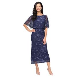 Womens SLNY Blouson Sequin Mesh Tea Length Midi Dress