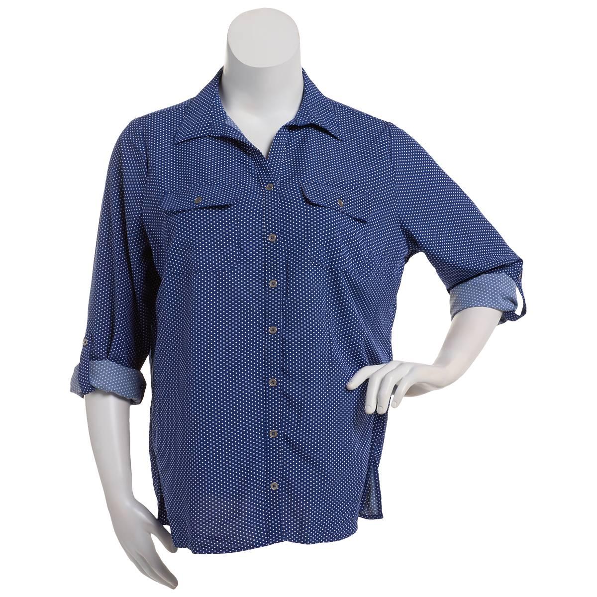 Plus Size Notations 3/4 Sleeve Silky Dot Button Down Blouse